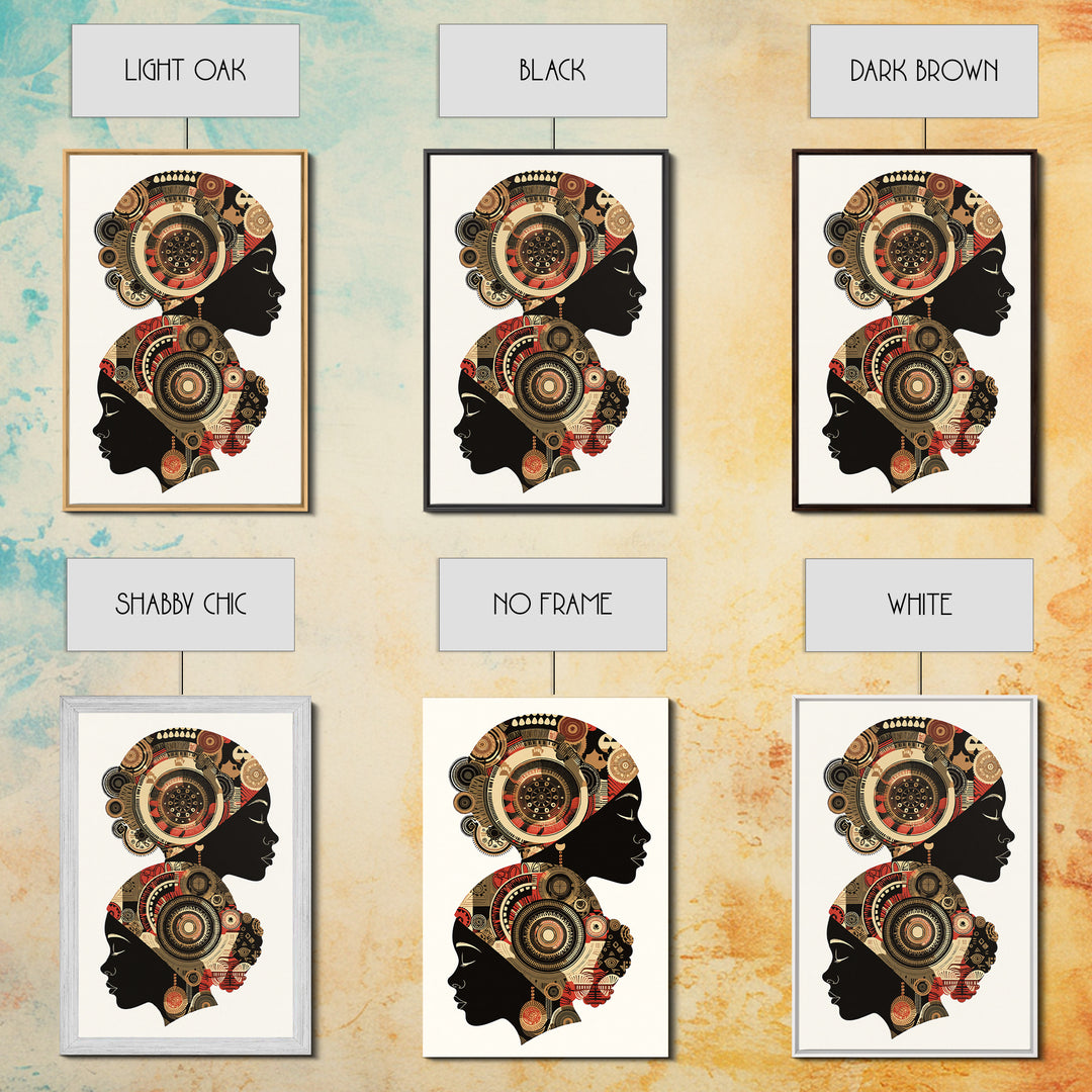 Two African Women Silhouettes With Tribal Circles, Canvas Print, Abstract African Art, Boho Wall Art, Cultural Decor Print