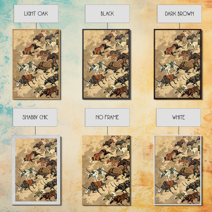 Running African Cattle With Tribal Patterns, Wall Art, Safari Animal Art Print, African Decor, Rustic Farmhouse Canvas Print