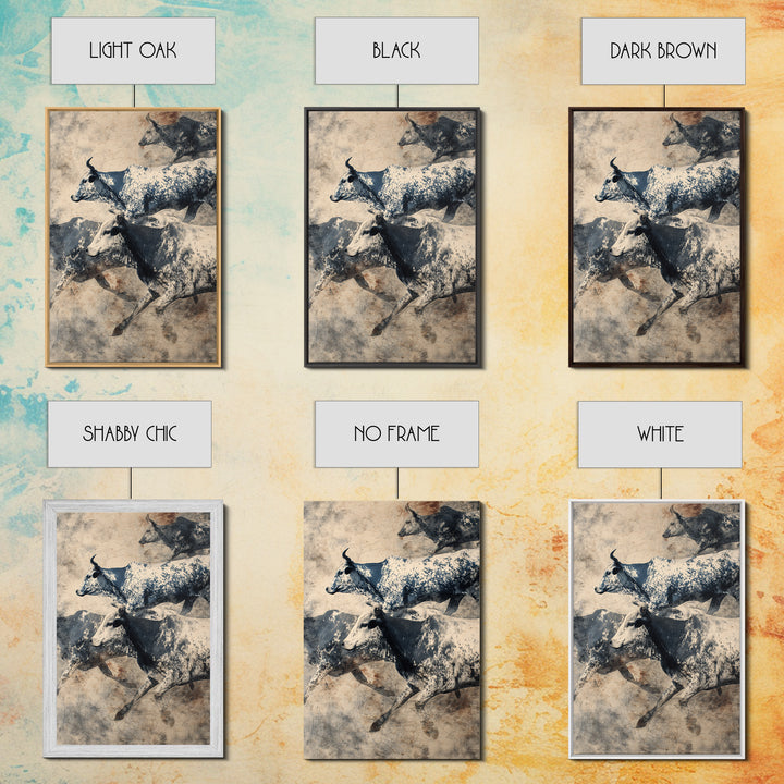 Charging Longhorn Cattle Herd In Sepia Dust, Canvas Print, African Safari Art, Rustic Wall Decor, Western Animal Painting