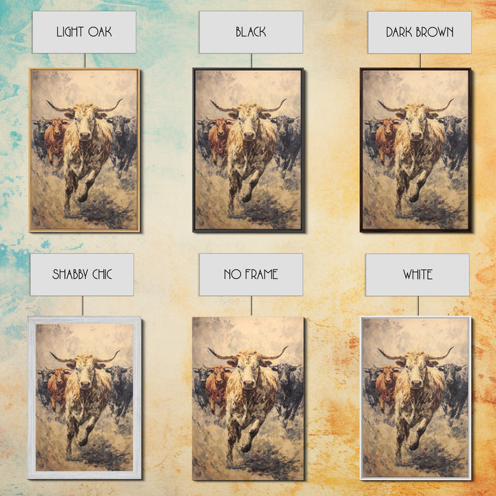 Powerful Longhorn Bull Herd Charging Forward, Framed Canvas Print, African Safari Wall Art, Rustic Animal Decor Gift For Him