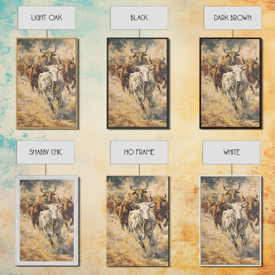 Textured Longhorn Herd Canvas Print, Western Bull Wall Art, Rustic Ranch Decor, Farmhouse Living Room Art, Earth Tone Painting