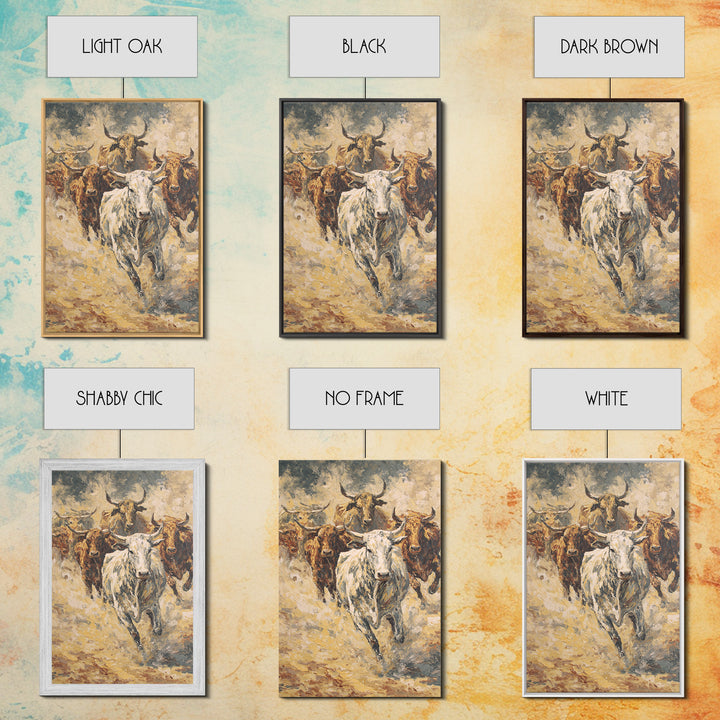 Textured Longhorn Herd Canvas Print, Western Bull Wall Art, Rustic Ranch Decor, Farmhouse Living Room Art, Earth Tone Painting