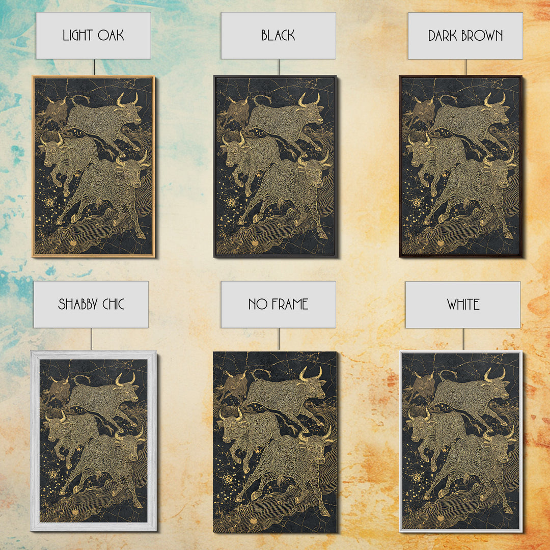 Gold Line Bulls On Black Wall Art, Modern Animal Canvas Print, Luxury Ranch Decor, Masculine Office Art, Bold Statement Piece