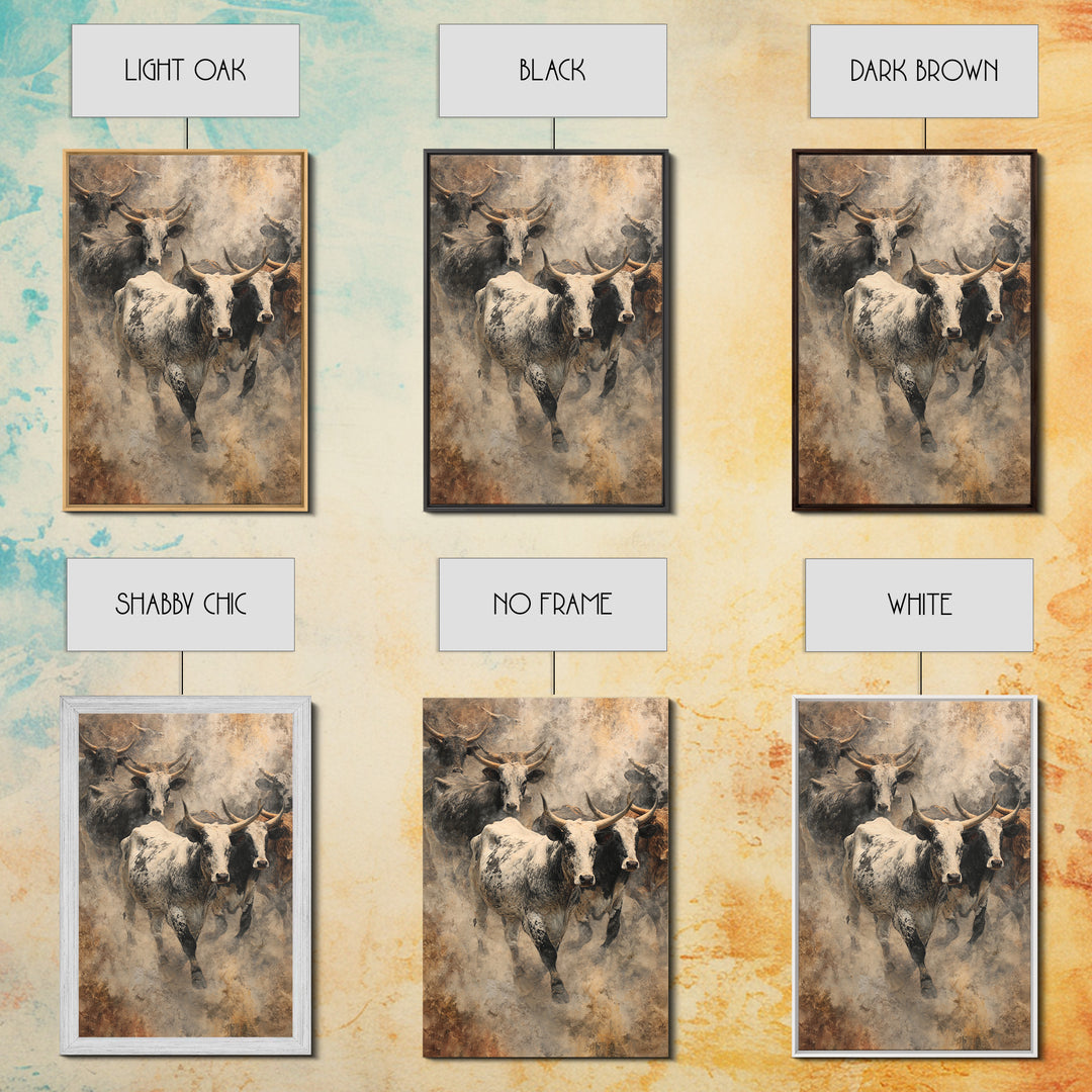 Dusty Longhorn Herd Framed Canvas Print, Western Bull Wall Art, Rustic Farmhouse Decor, Earth Tone Living Room Painting Gift