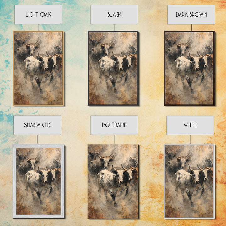 Dusty Longhorn Herd Framed Canvas Print, Western Bull Wall Art, Rustic Farmhouse Decor, Earth Tone Living Room Painting Gift
