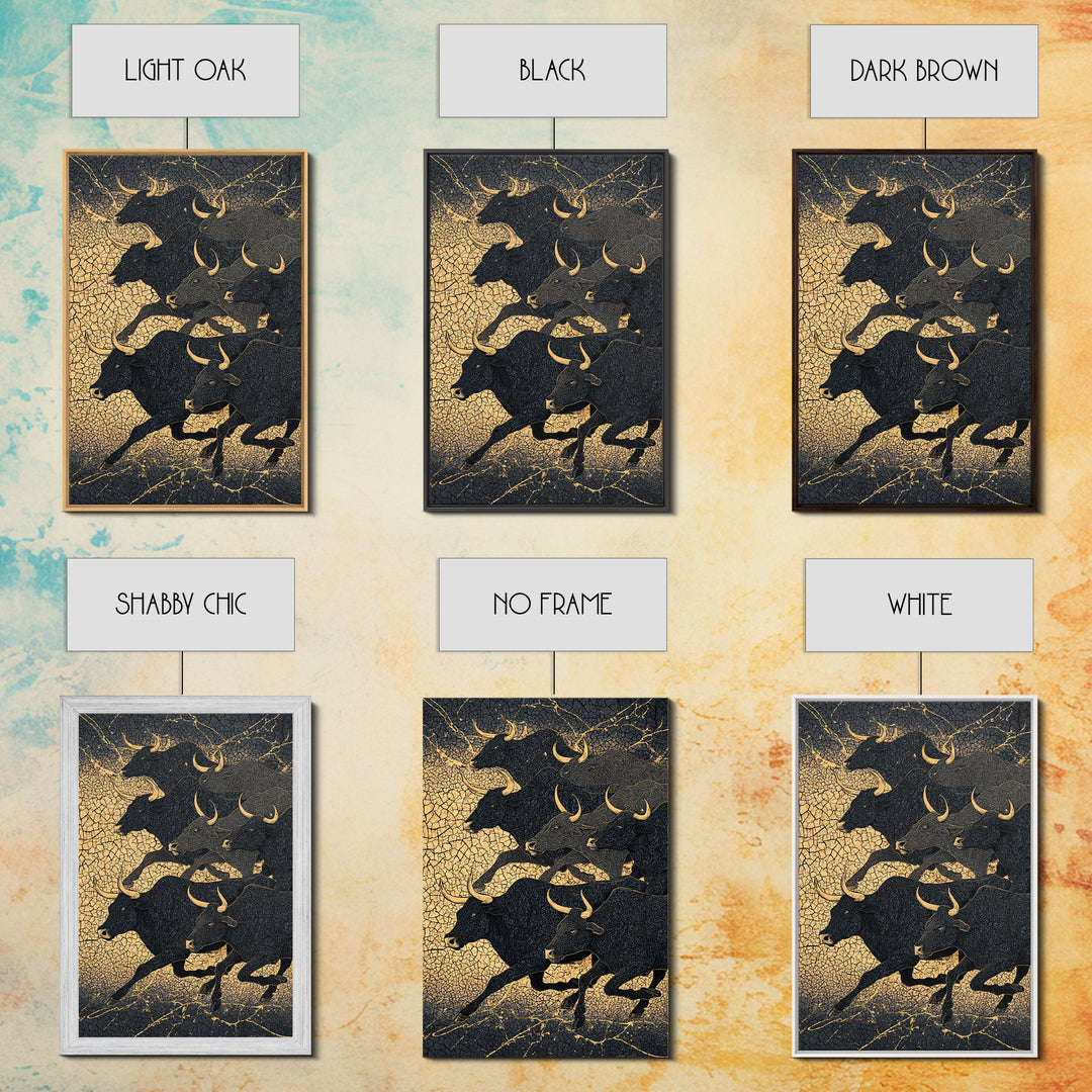 Black And Gold Bull Herd Canvas Print, Dramatic Animal Wall Art, Luxury Ranch Decor, Masculine Office Art, Statement Piece