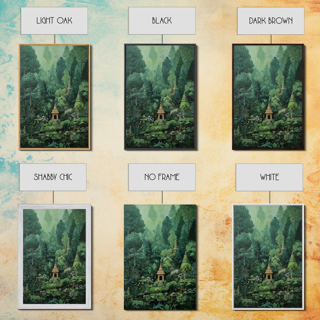 Secret Jungle Temple Garden Canvas Print, Lush Green Botanical Landscape, Spiritual Wall Art, Bohemian Decor Art, Living Room Decor