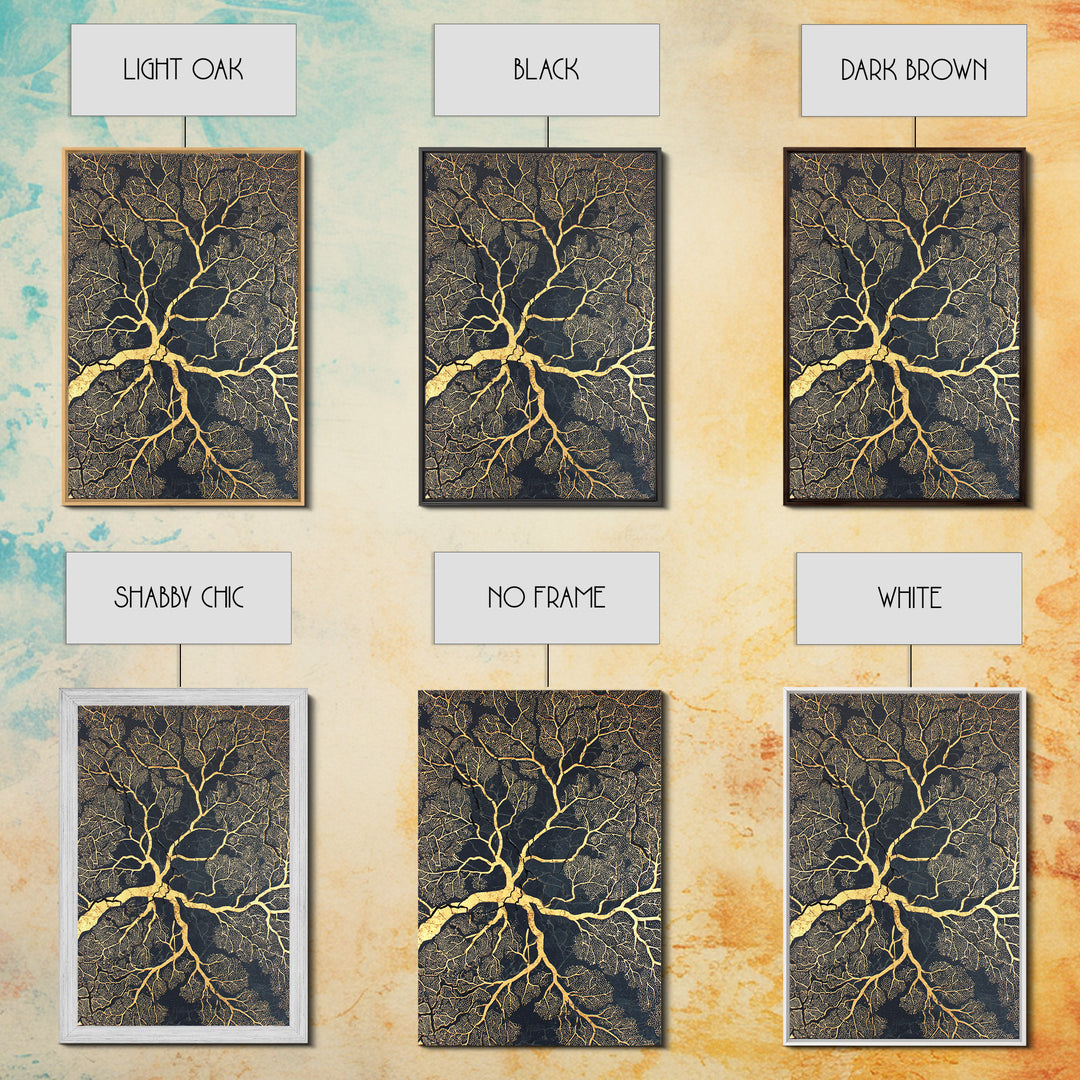 Black And Gold Branching Tree Wall Art, Abstract Root Network, Earth Tone Wall Decor, Luxury Art Print, Modern Canvas Art