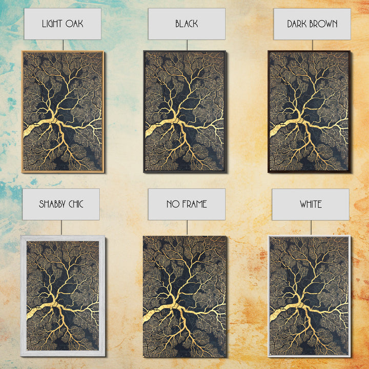 Black And Gold Branching Tree Wall Art, Abstract Root Network, Earth Tone Wall Decor, Luxury Art Print, Modern Canvas Art