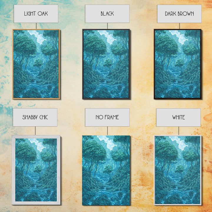 Blue Mystical Rainforest Stream Framed Canvas Print, Dreamy Jungle Wall Art, Teal Nature Scene, Spiritual Wall Decor Gift