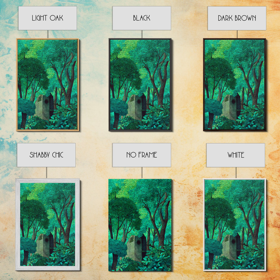 Emerald Forest Shrine With Ancient Stone Door Wall Art, Mystical Jungle Decor, Nature Scene Art, Teal Green Home Decor Gift