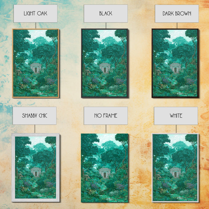 Hidden Garden Temple Path Canvas Print, Emerald Forest Landscape, Dreamy Nature Wall Decor, Botanical Living Room Art Gift