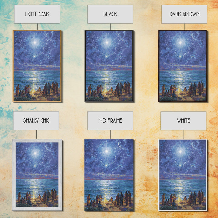 Moonlit Ocean Gathering At Shore Wall Art, African People Canvas Print, Blue Spiritual Nature Scene Decor For Living Room