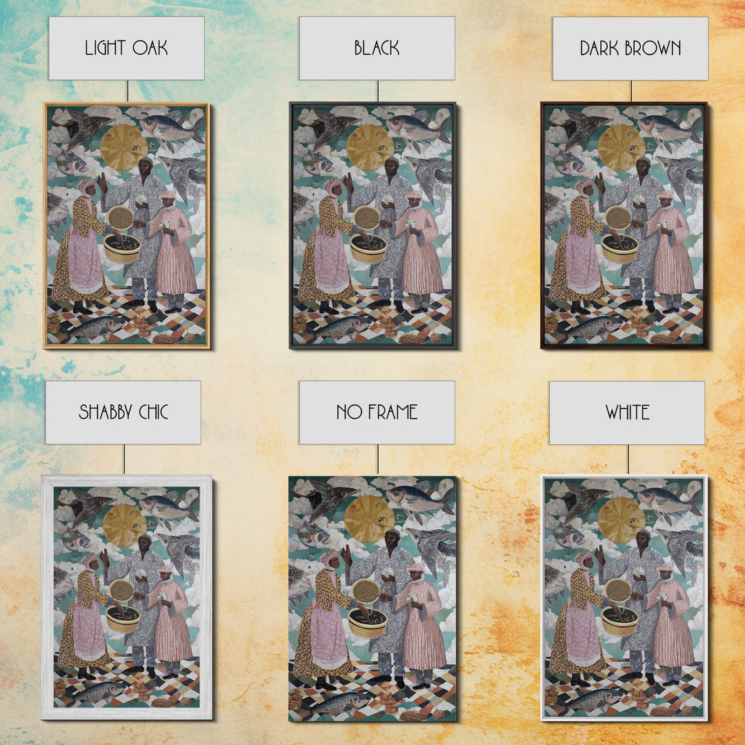 Surreal Fish Sky Ceremony With Family Wall Art, African Culture Canvas Print, Whimsical Kitchen Decor And Unique Gift For Home