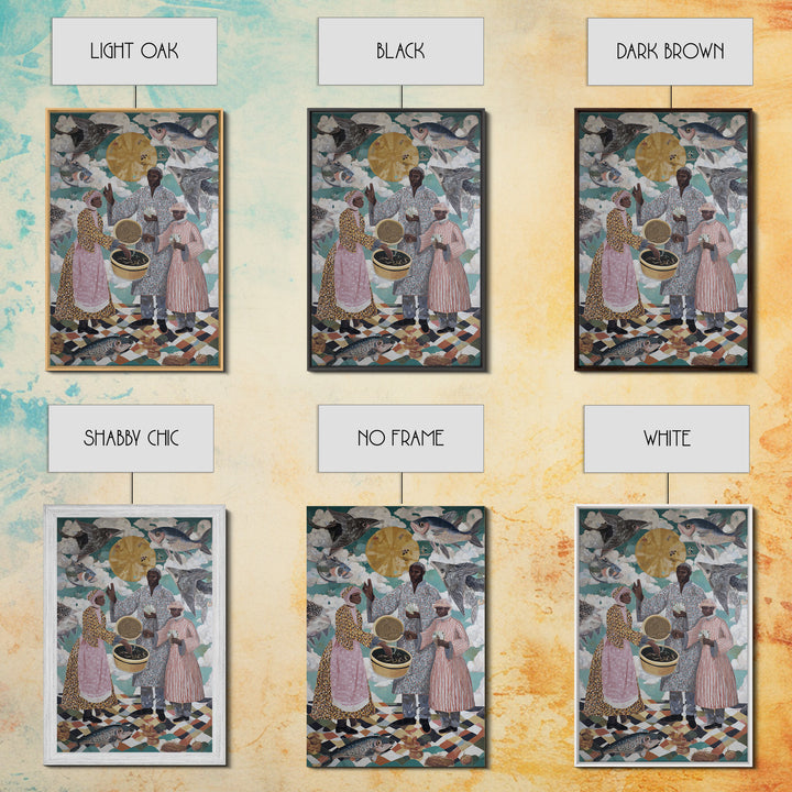 Surreal Fish Sky Ceremony With Family Wall Art, African Culture Canvas Print, Whimsical Kitchen Decor And Unique Gift For Home