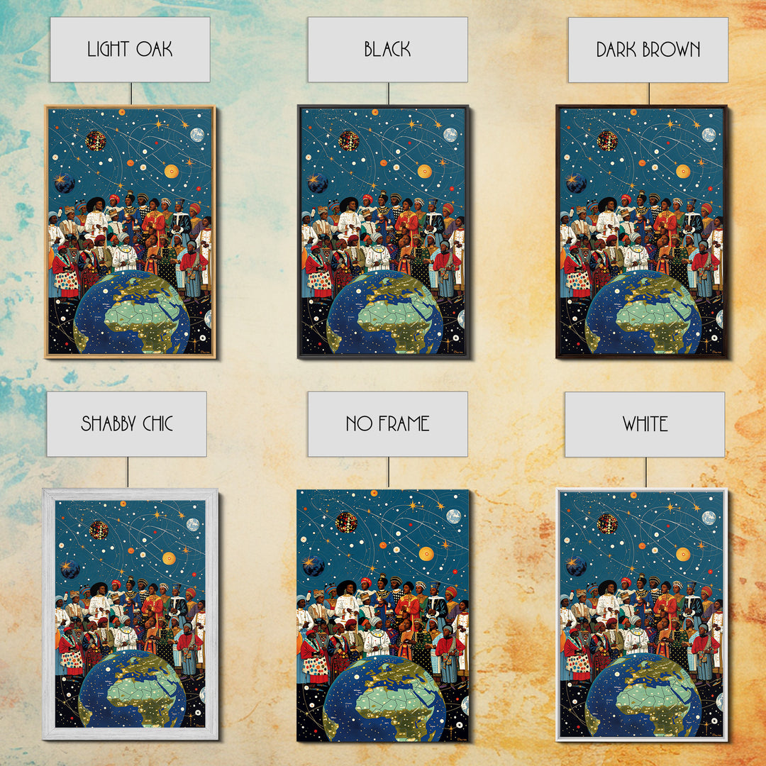 African Diaspora Under Celestial Orbits Wall Art, Afrocentric Canvas Print, Black Culture Artwork And Earth Map Decor Gift