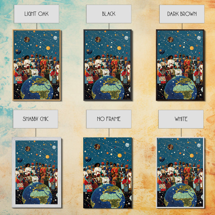 African Diaspora Under Celestial Orbits Wall Art, Afrocentric Canvas Print, Black Culture Artwork And Earth Map Decor Gift