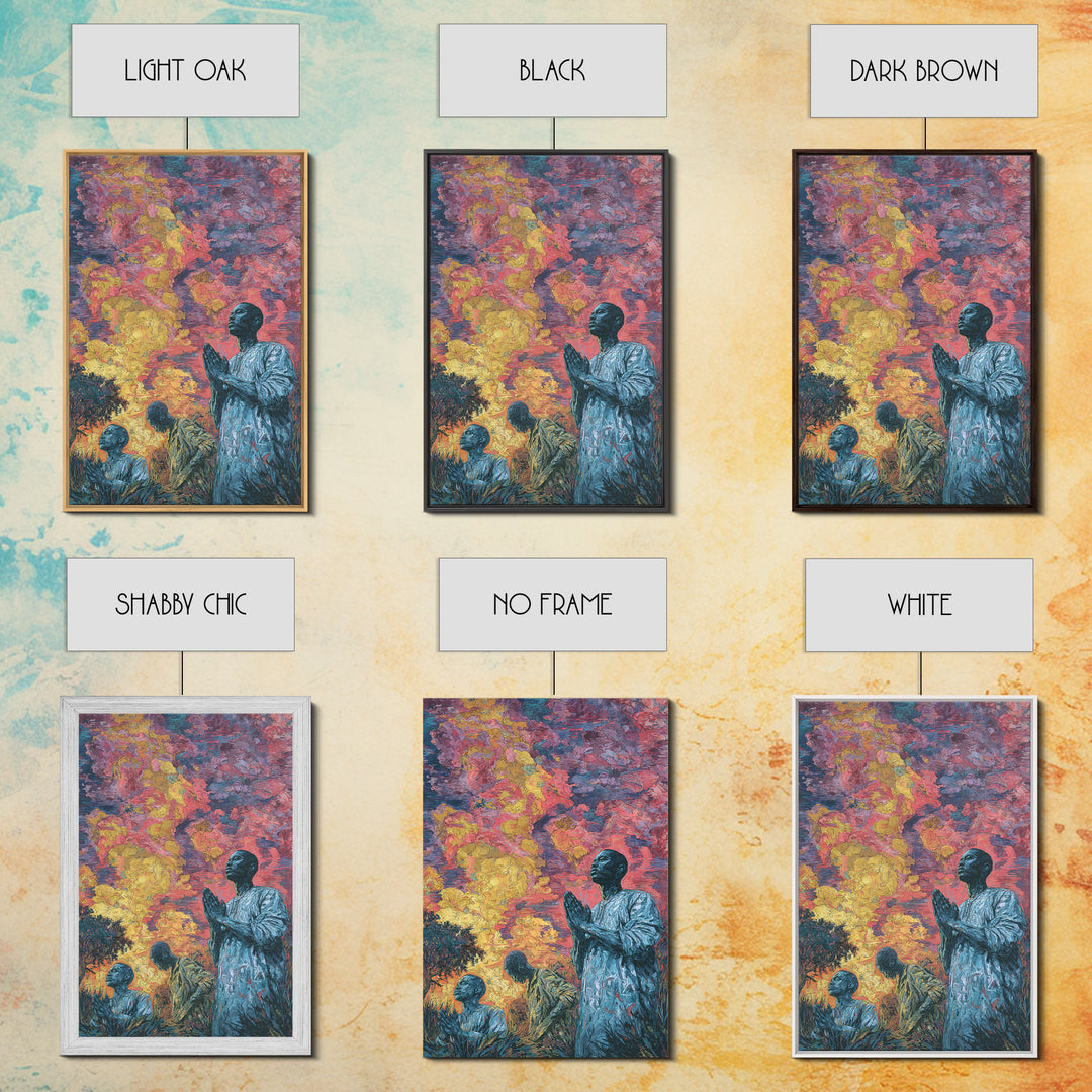 Praying African Men Beneath Fiery Sky Framed Canvas Print, Spiritual Wall Art, Black Culture Art, Meaningful Home Decor Gift