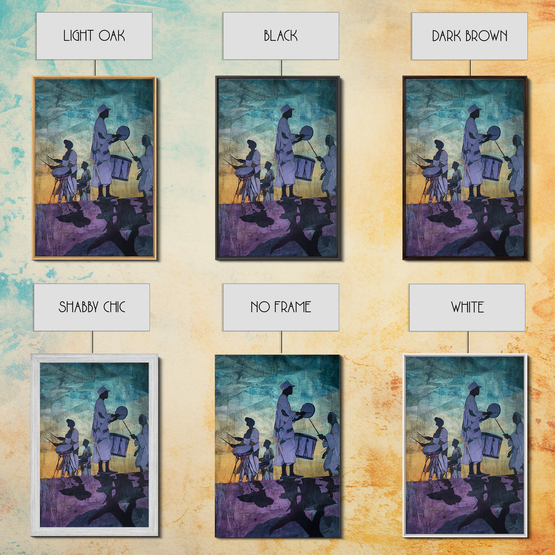 Silhouetted African Drummers At Twilight Framed Canvas Print, Afrocentric Wall Decor, Cultural Music Art, Tribal Home Decor