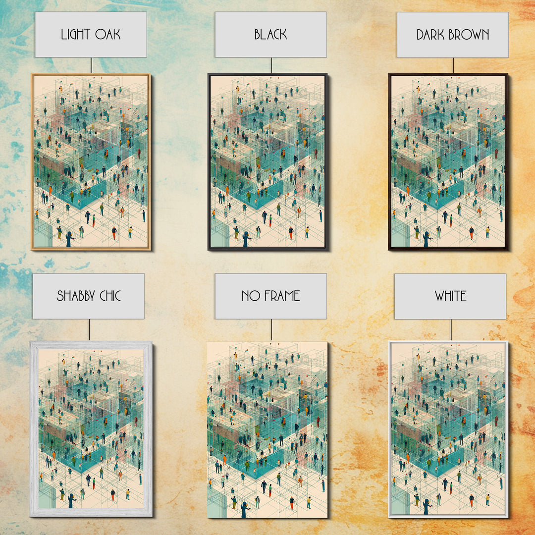 Isometric People In Wireframe City Wall Art, Modern Geometric Canvas Print, Abstract Urban Network, Unique Office Decor, Tech Inspired
