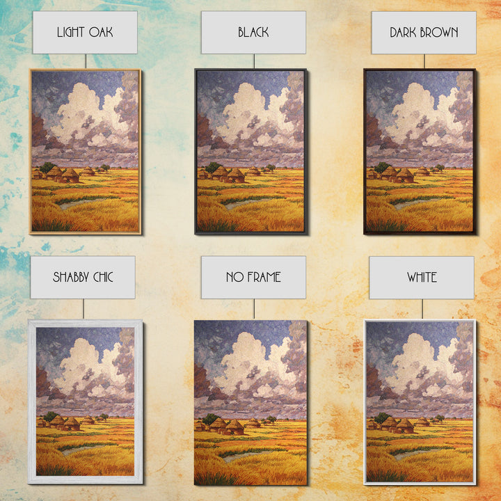 Golden African Village Under Towering Clouds Wall Art, Savannah Landscape, Rustic Home Decor, Afrocentric African Art Print