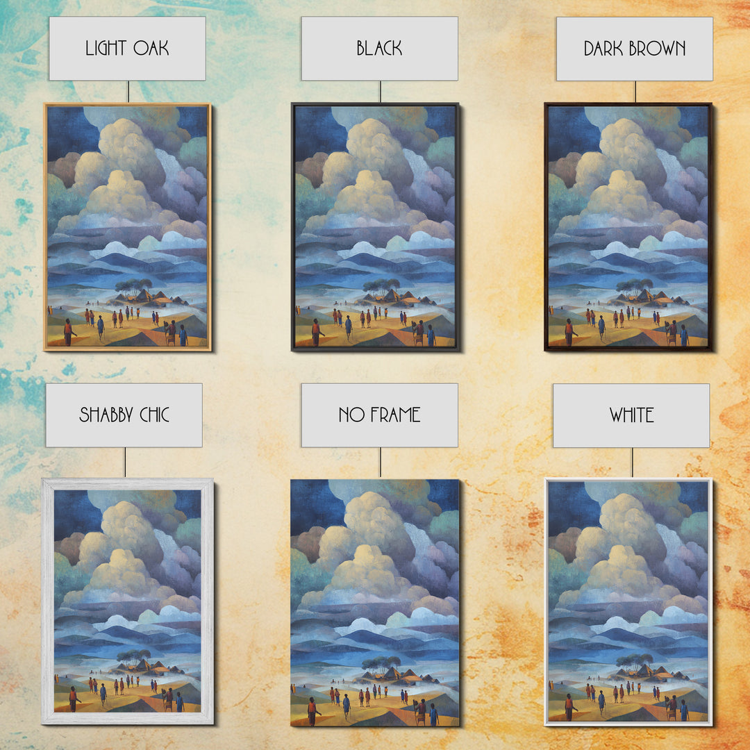 African Village Beneath Blue Storm Clouds Framed Canvas Print, Landscape Wall Decor, Cultural Home Decor, Afrocentric Art