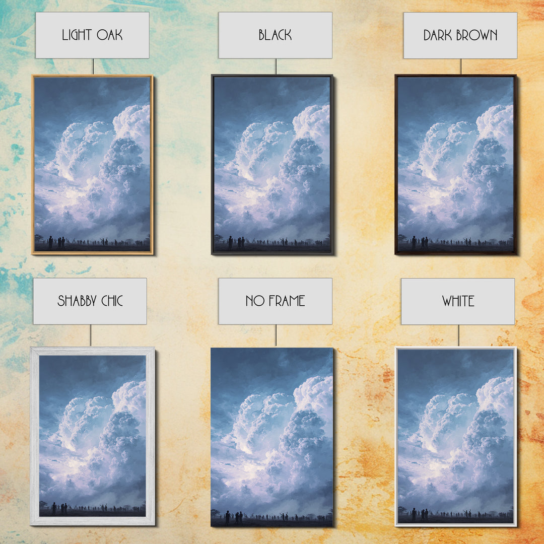 Towering White Storm Clouds Over African Horizon Framed Canvas Print, Dramatic Blue Wall Decor, Spiritual Afrocentric Art