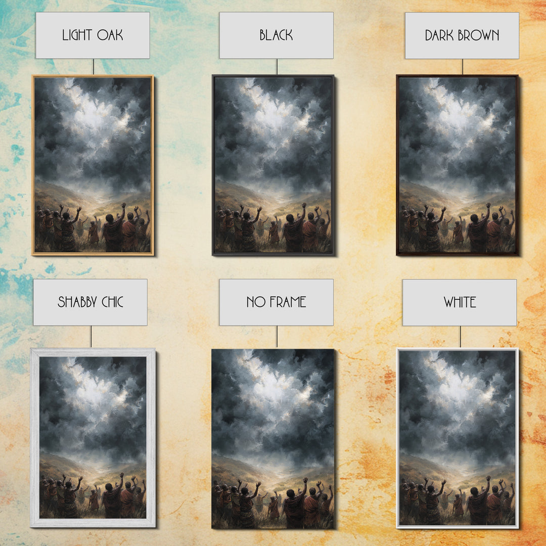 African Villagers Raising Hands To Dark Storm Sky Wall Art, Dramatic Spiritual Canvas, Cultural Decor, Black Art Gift For Home