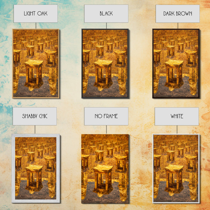 Golden Ancestral Stools In Reflective Hall Framed Canvas Print, African Decor, Cultural Wall Art, Warm Ochre Home Decor Gift