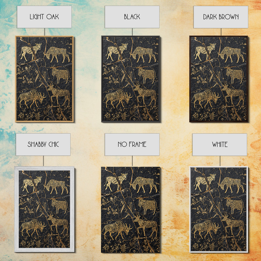 Black Gold Tribal Animal Petroglyph Canvas Print, African Safari Art, Antelope And Zebra Wall Decor, Ancient Rock Art Print