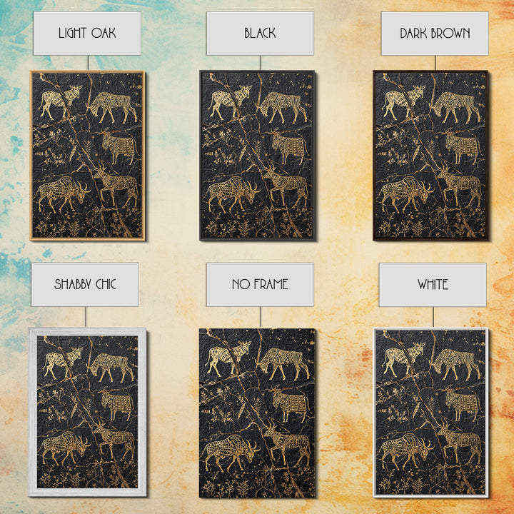 Black Gold Tribal Animal Petroglyph Canvas Print, African Safari Art, Antelope And Zebra Wall Decor, Ancient Rock Art Print