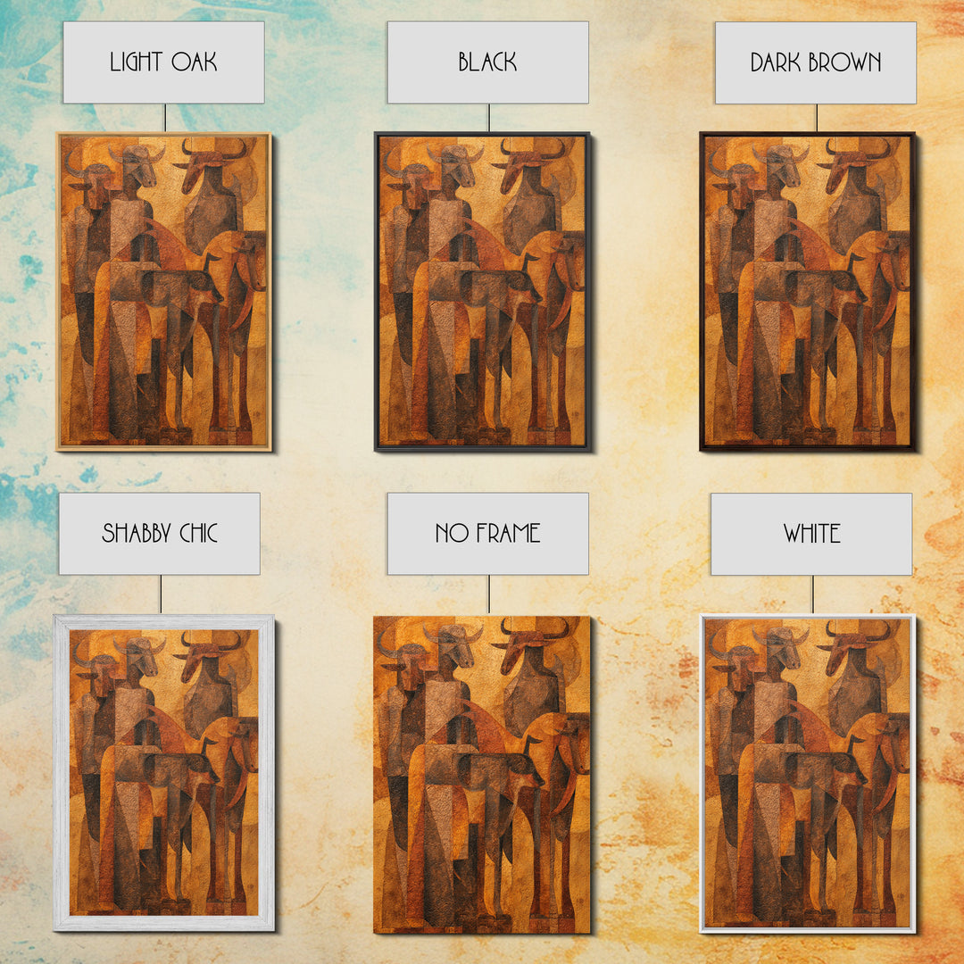 Cubist Cattle Spirits In Burnt Orange Canvas Print, African Abstract Art, Tribal Bull Wall Decor, Modern Gallery Gift For Home
