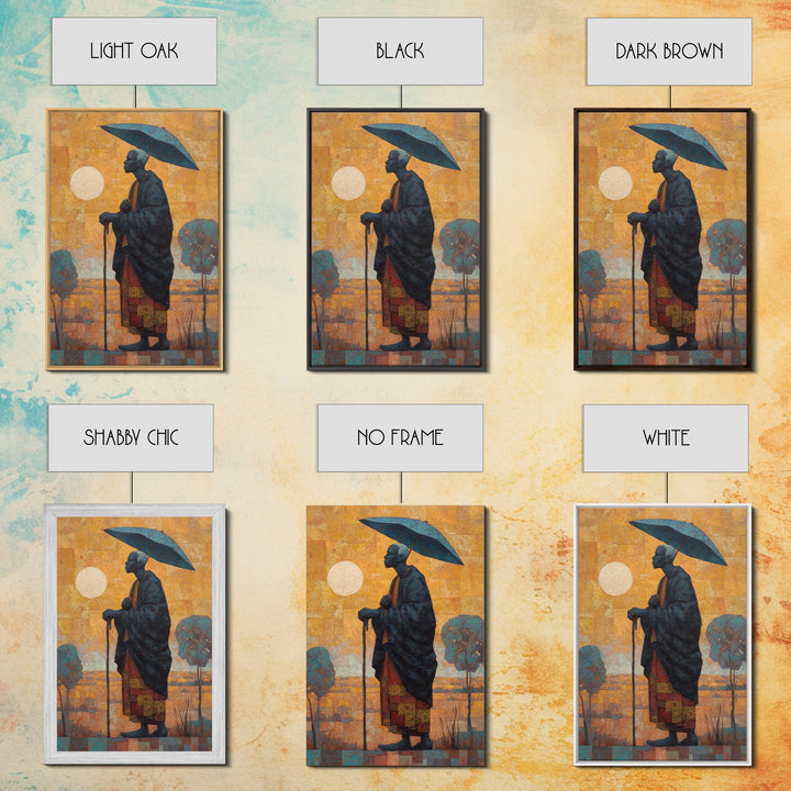 Elder With Blue Umbrella Wall Art, African Portrait Canvas Print, Burnt Orange Art, Afrocentric Decor, Meaningful Gift For Him