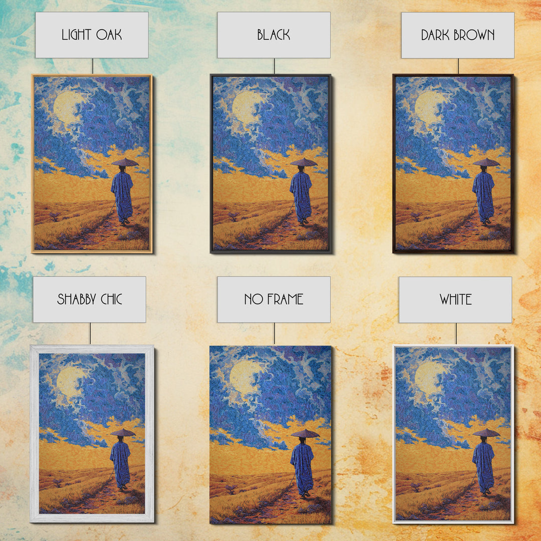Blue Robed Traveler Under Moon Canvas Print, African Landscape Wall Art, Dreamy Wall Art, Cultural Home Decor, Gift For Him