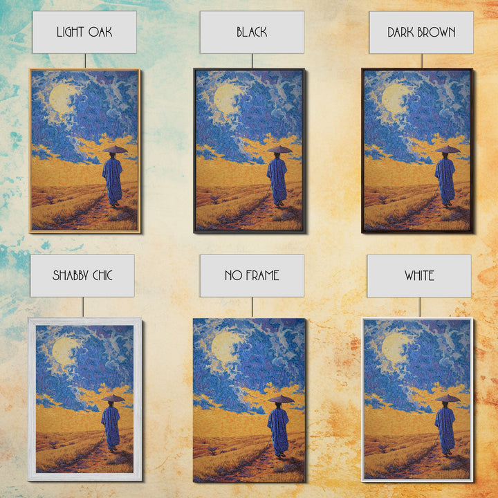 Blue Robed Traveler Under Moon Canvas Print, African Landscape Wall Art, Dreamy Wall Art, Cultural Home Decor, Gift For Him