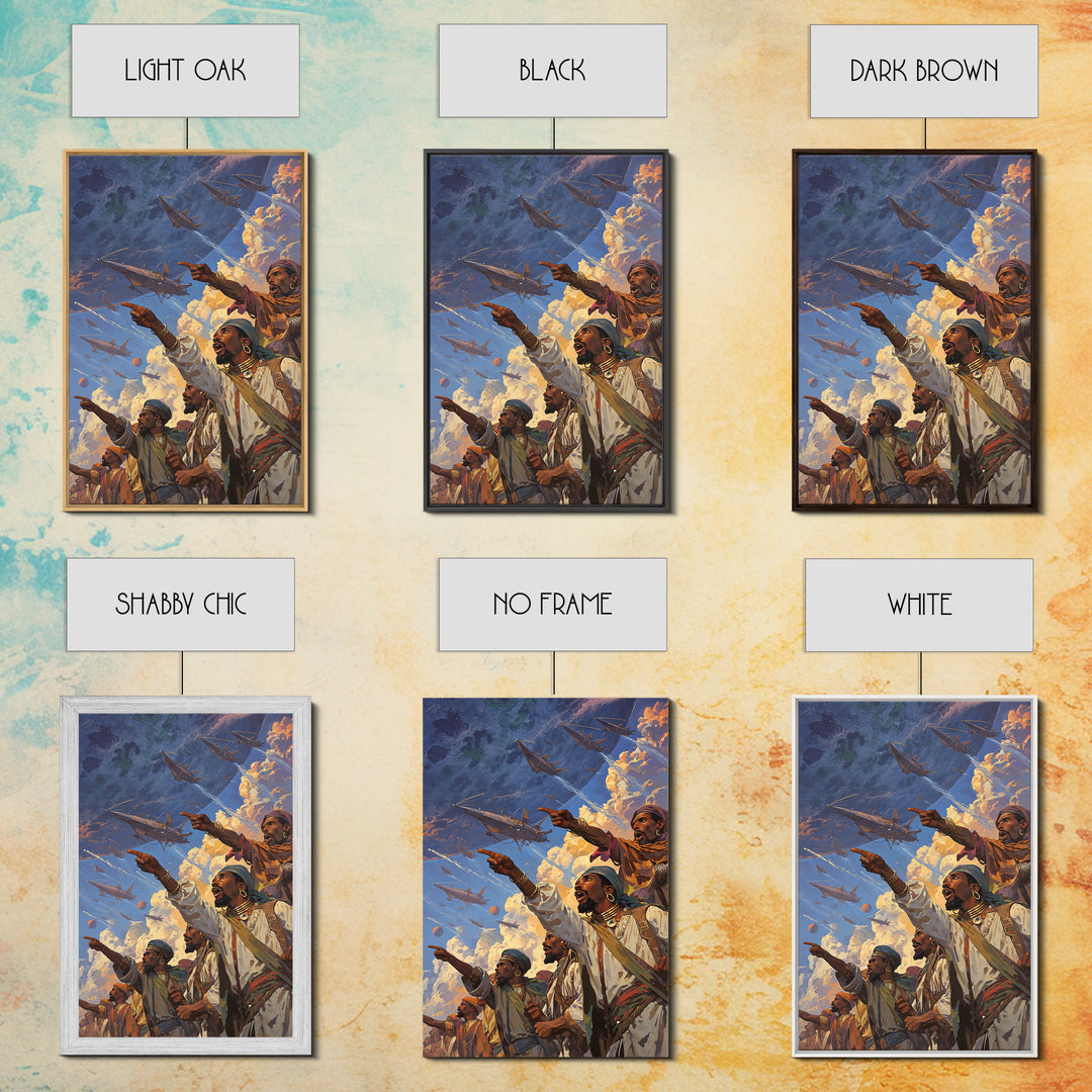Afrofuturist Warriors Pointing At Sky Ships Wall Art, African Warrior Art, Modern African Art Print, Bold Cultural Decor