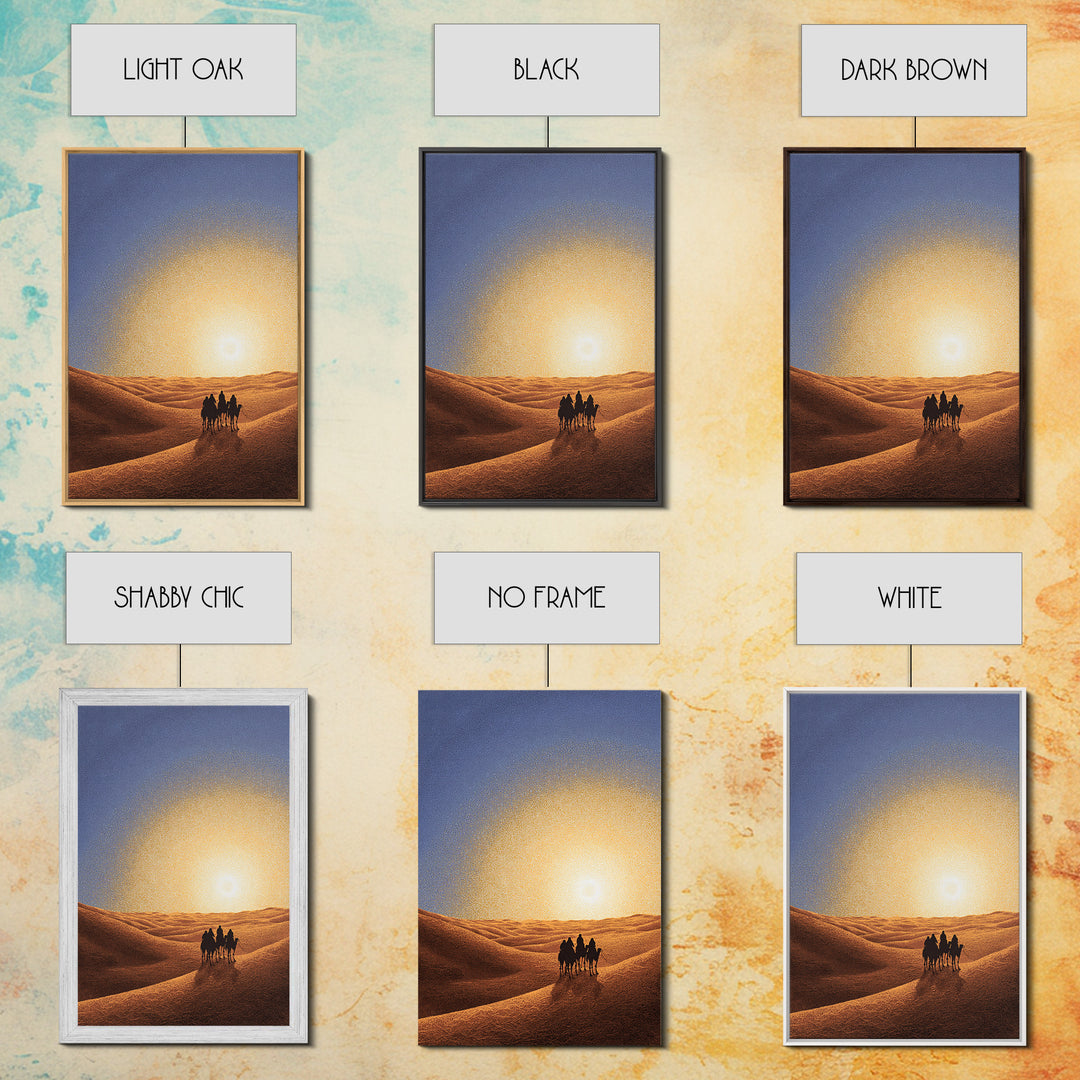 Camel Caravan In Golden Sand Dunes Canvas Print, African Safari Art, Desert Landscape Wall Decor, Warm Sunset Home Decor