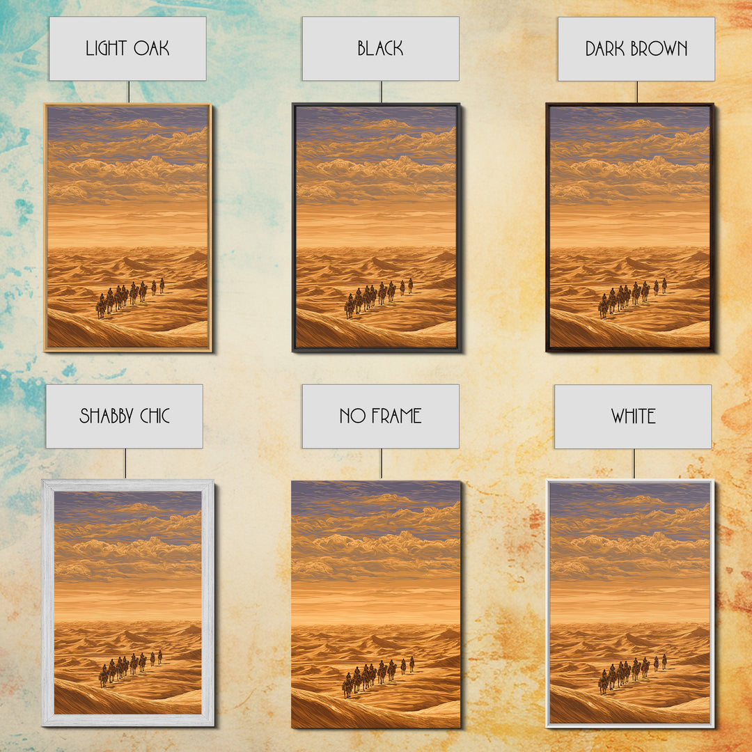 Golden Desert Caravan Across Dunes Canvas Print, African Safari Art, Sahara Landscape, Boho Wall Decor, Living Room Decor