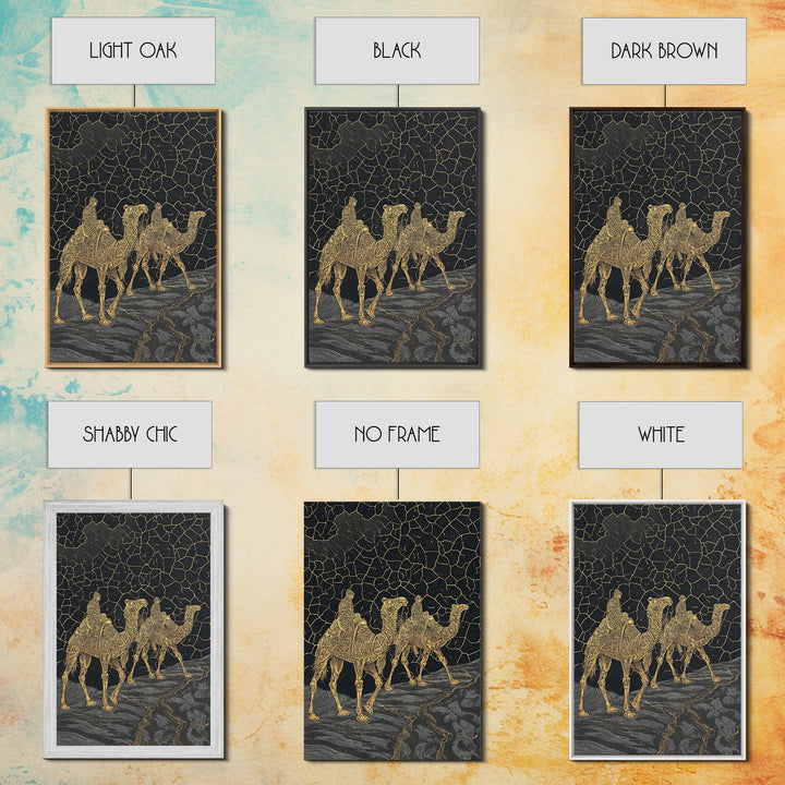 Ornate Golden Camel Caravan Under Stars Framed Canvas Print, African Wall Art, Sahara Travel Poster, Ethnic Home Decor Gift