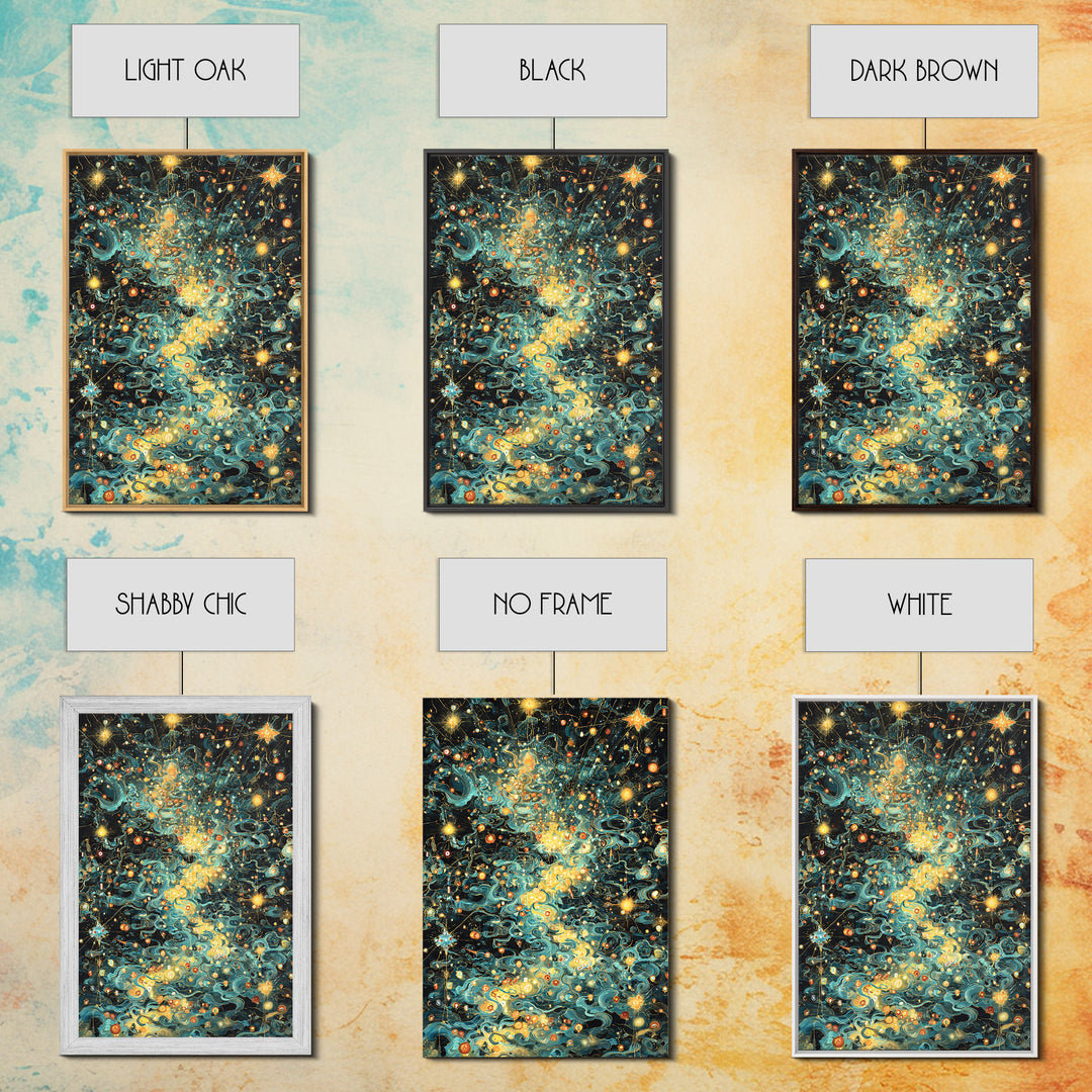 Glowing Celestial Swirls With Stars Canvas Print, Abstract Art, Teal And Gold Wall Decor, Dreamy Modern Home Decor, Gift For Her