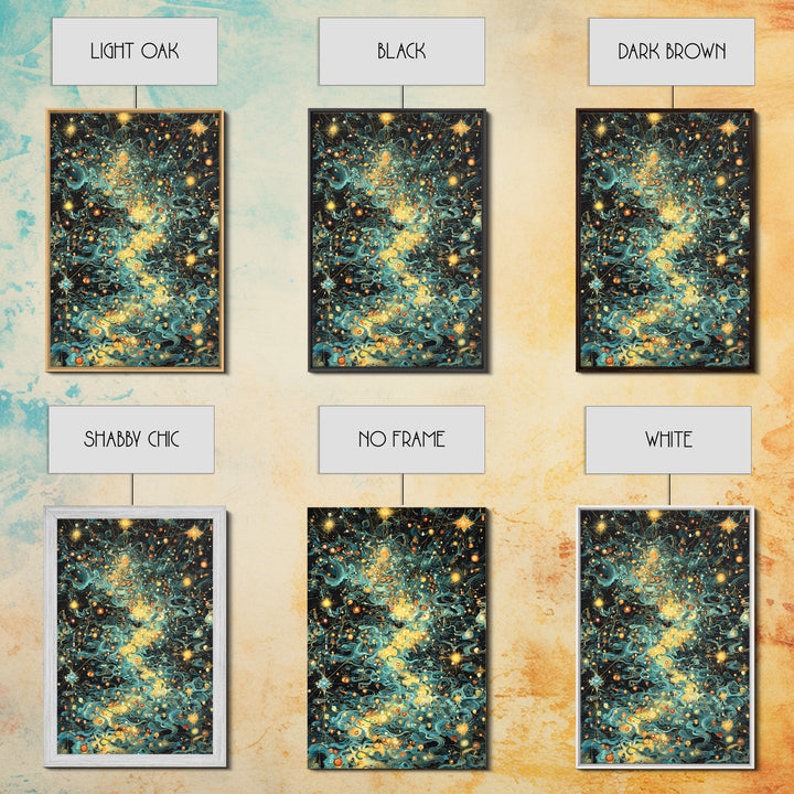 Glowing Celestial Swirls With Stars Canvas Print, Abstract Art, Teal And Gold Wall Decor, Dreamy Modern Home Decor, Gift For Her
