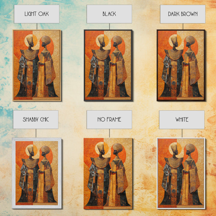 Orange Gold African Queen Pair Wall Art, Elegant Halo Portrait, Modern African Art, Black Woman Canvas, Earth Tone Decor
