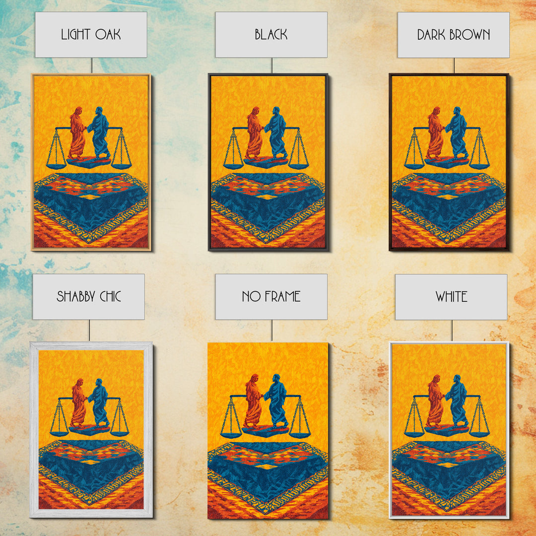 Balanced Figures On Blue Rug Wall Art, African Inspired Justice Painting, Cultural Wall Decor, Bold Afrocentric Canvas Print