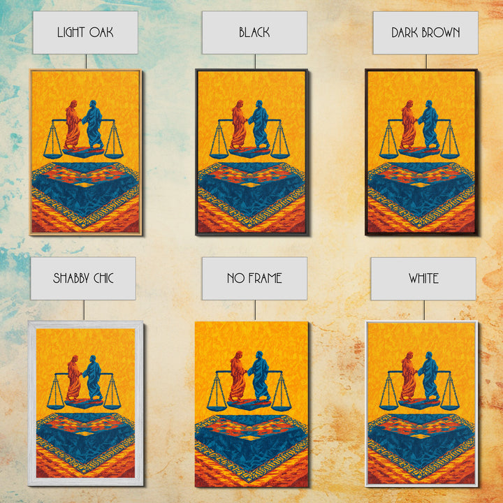 Balanced Figures On Blue Rug Wall Art, African Inspired Justice Painting, Cultural Wall Decor, Bold Afrocentric Canvas Print