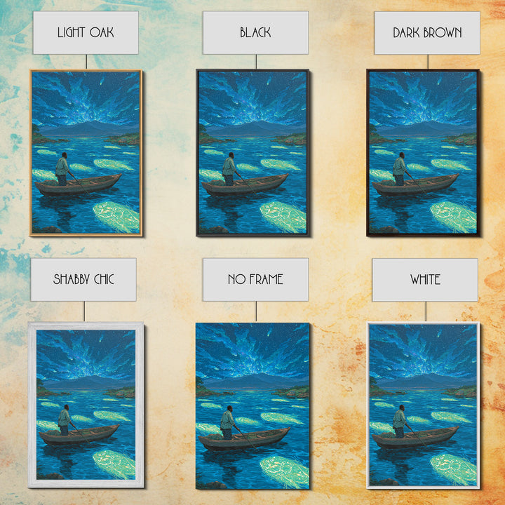 Starlit Fisherman On Glowing Blue Lake Canvas Print, African Landscape Wall Art, Dreamy Nature Scene, Unique Home Decor Gift