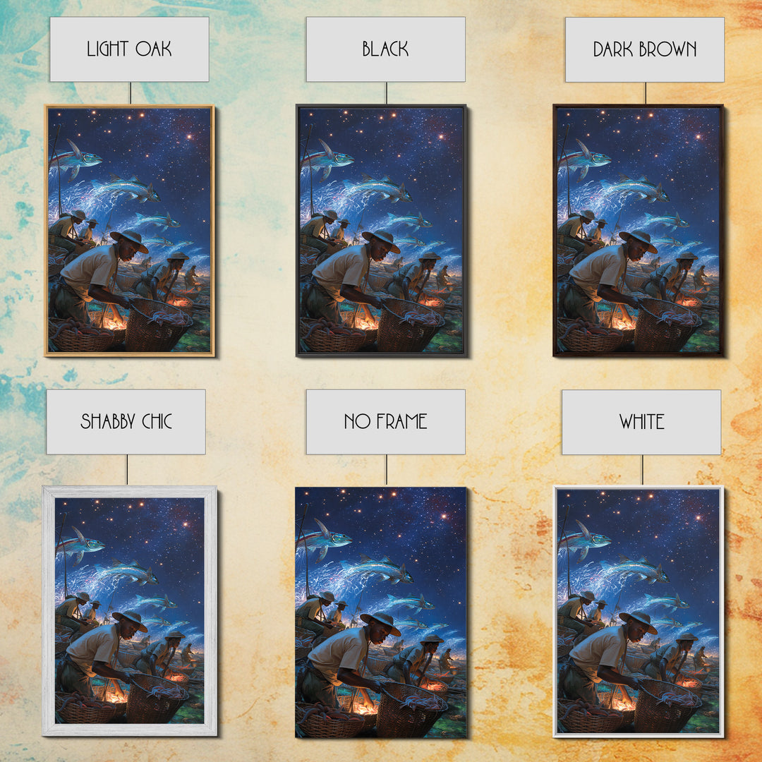 Starry Night Fishermen With Baskets Canvas Print, African Wall Art, Black Men Coastal Scene, Magical Fish Ocean Decor Gift