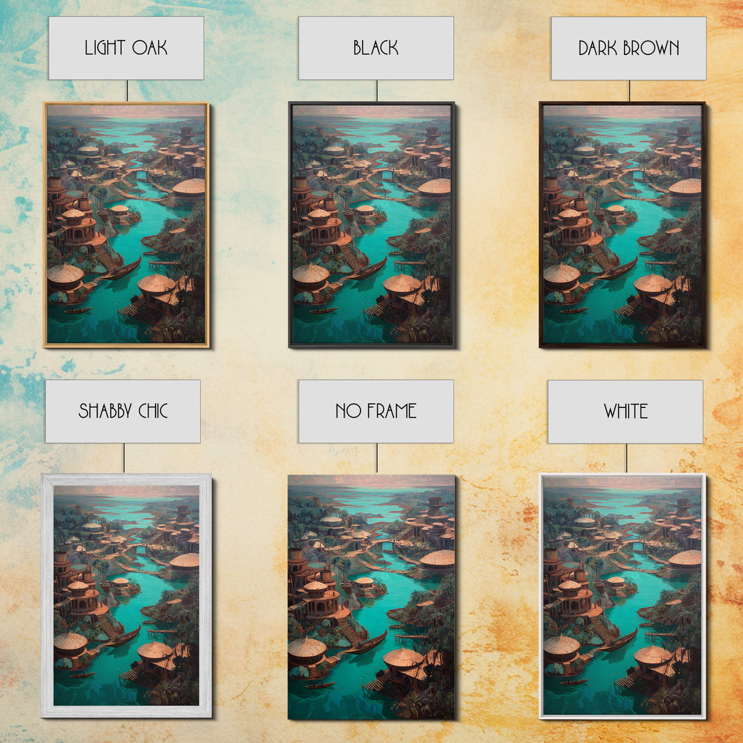 Turquoise River Village With Round Huts Wall Art, African Landscape Canvas Print, Jungle African Decor, Unique Living Room Art