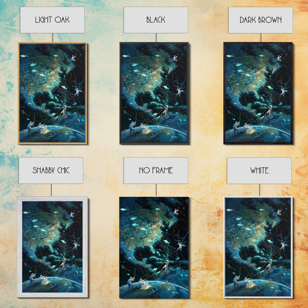 Glowing North America Fishing Map Wall Art, Whimsical Ocean Canvas Print, Teal Adventure Decor For Office And Living Room