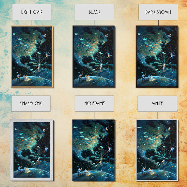 Glowing North America Fishing Map Wall Art, Whimsical Ocean Canvas Print, Teal Adventure Decor For Office And Living Room