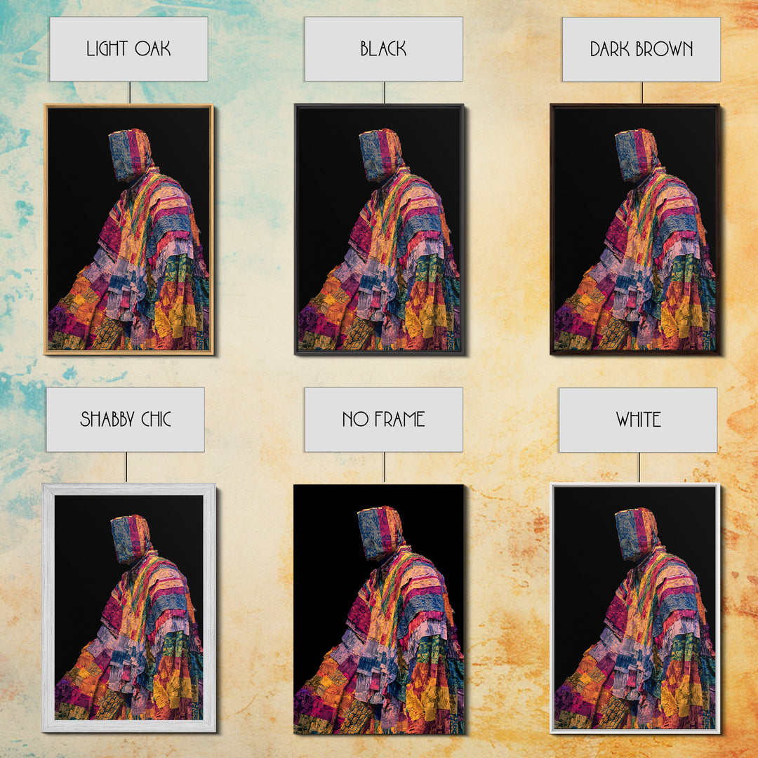 Masked African Textile Seated Figure Framed Canvas Print, Afrocentric Portrait, Vibrant Tribal Art, Cultural Wall Decor Gift